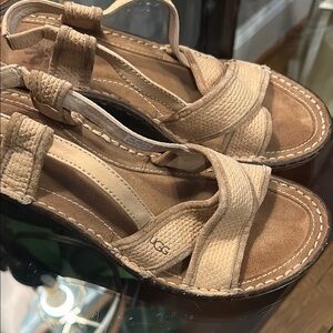 UGG Cream Sandals with Wedge Sole and Open Toe Design.